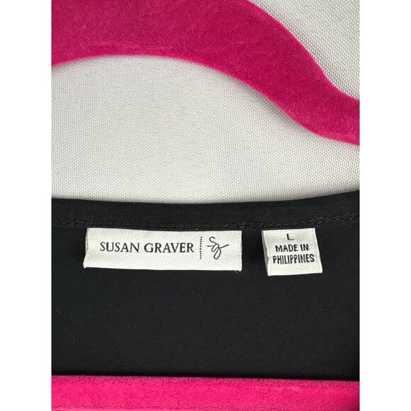 Susan Graver Black Lace Trim Cotton Blend T-Shirt L - Picture 3 of 5